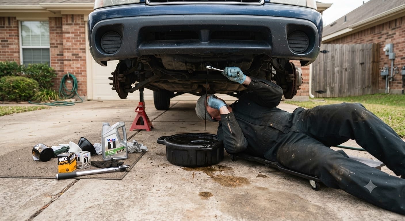 Automotive oil service being performed at a residential driveway